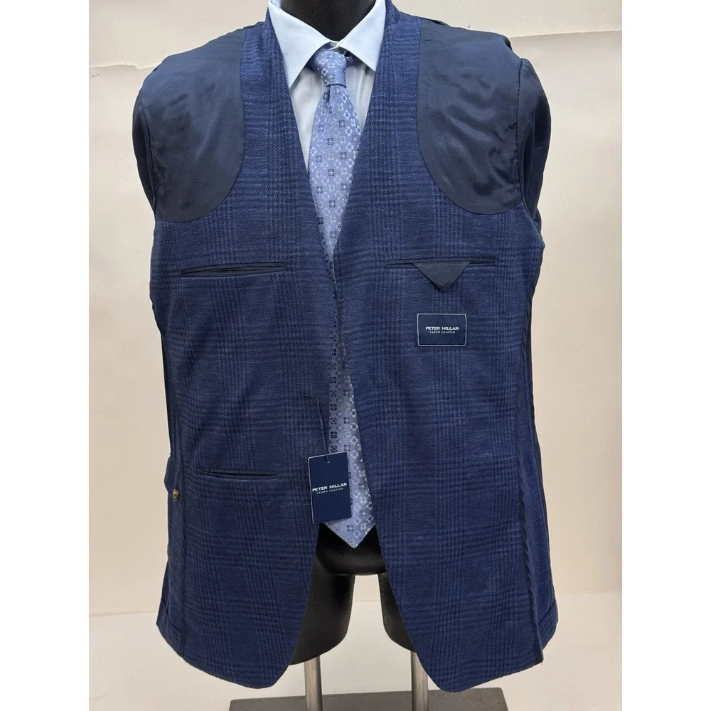 NWT Peter Millar Sport Coat Blazer Wool Silk Linen NAV Blue Plaid 46L Long $1295
